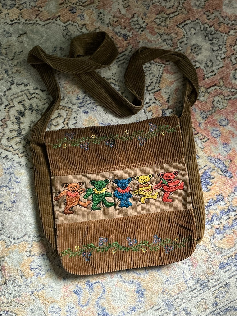 Brown Corduroy Messenger Bag with Embroidered Multicolor Dancing Bears